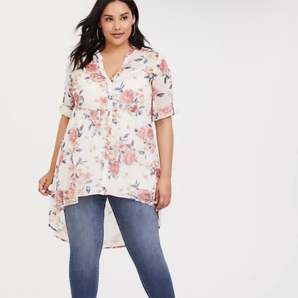 Torrid Hi-Low Sheer Floral Topper Tunic Blouse Size 1X